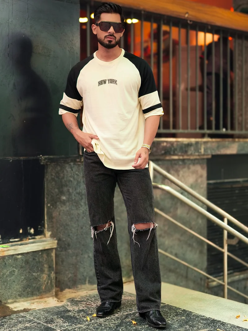 Maniac  Maniac Mens AOP Inksplatter Printed Round Neck Half Sleeve White and Grey Cotton Tshirt for Men | Best Price UAE